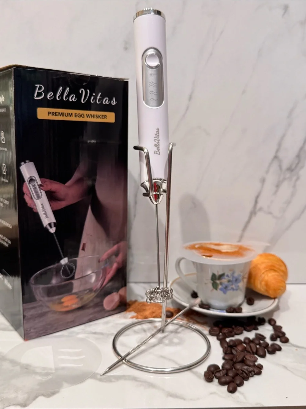 Bella Vita White Milk Frother - Rechargeable Handheld Foam Maker